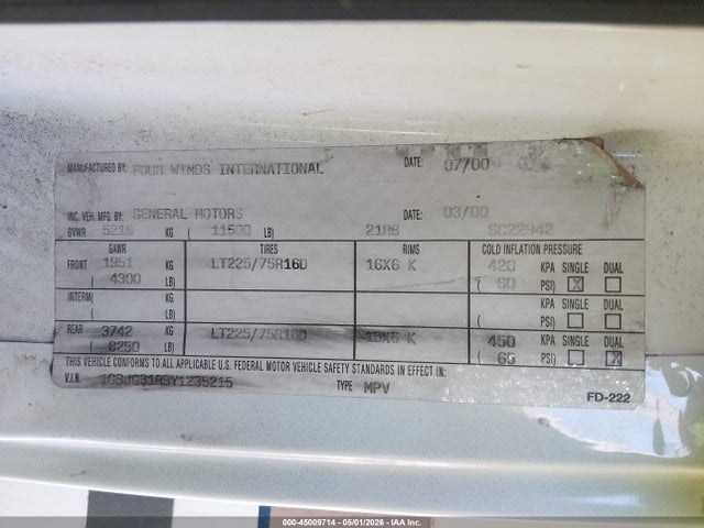 45009714 :رقم المزاد ، 1GBJG31R9Y1235215 vin ، 2000 Chevrolet Express Rv Cutaway مزاد بيع