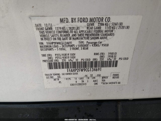 Aukcja sprzedaży 2012 Ford Taurus Limited, vin: 1FAHP2FW9CG134691, numer aukcji: 45009726