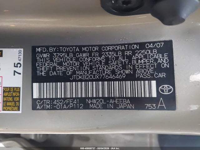 Aukcja sprzedaży 2007 Toyota Prius, vin: JTDKB20UX77646469, numer aukcji: 45009737