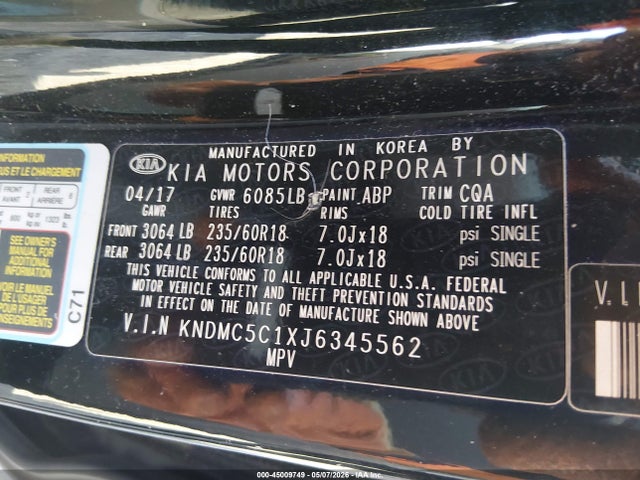 45009749 :رقم المزاد ، KNDMC5C1XJ6345562 vin ، 2018 Kia Sedona Ex مزاد بيع