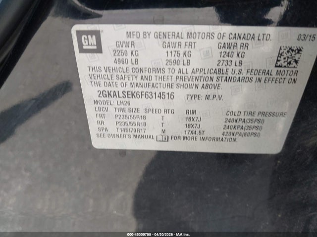Aukcja sprzedaży 2015 Gmc Terrain Slt-1, vin: 2GKALSEK6F6314516, numer aukcji: 45009755