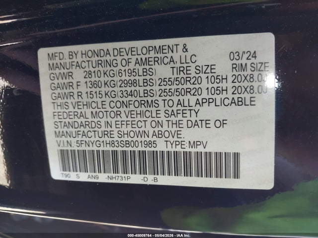 45009764 :رقم المزاد ، 5FNYG1H83SB001985 vin ، 2025 Honda Pilot Elite مزاد بيع