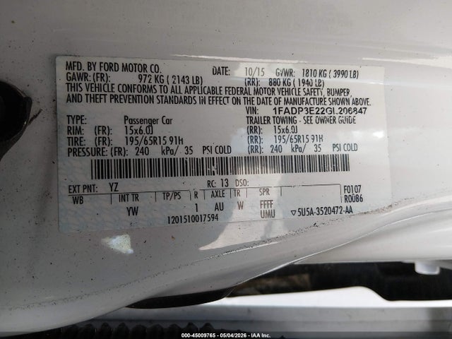 Продажа на аукционе авто 2016 Ford Focus S, vin: 1FADP3E22GL206847, номер лота: 45009765