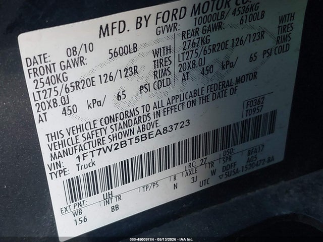 Aukcja sprzedaży 2011 Ford F-250 Lariat, vin: 1FT7W2BT5BEA83723, numer aukcji: 45009784