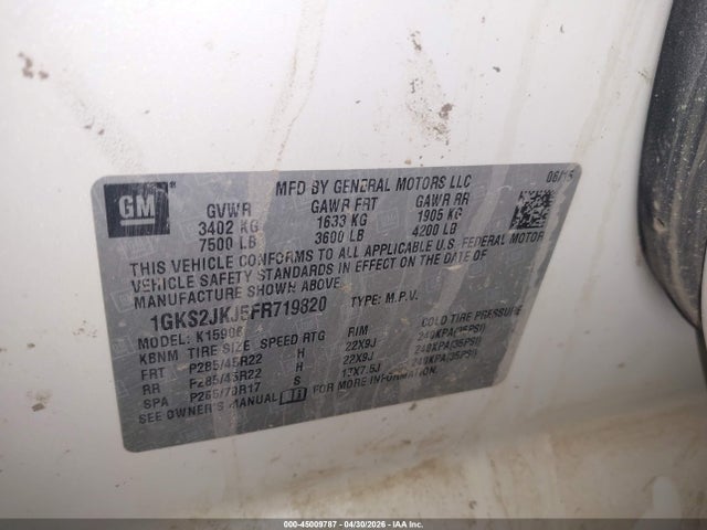 45009787 :رقم المزاد ، 1GKS2JKJ5FR719820 vin ، 2015 Gmc Yukon Xl 1500 Denali مزاد بيع