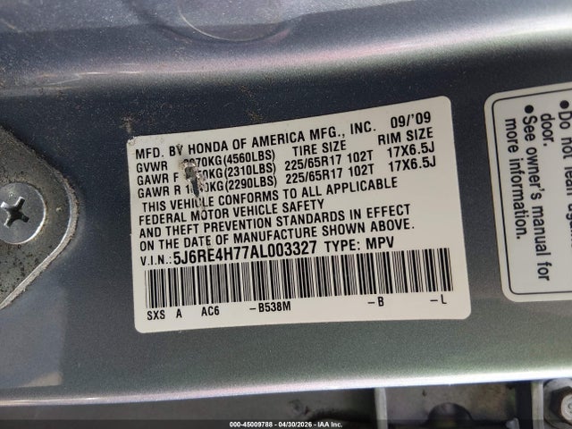 45009788 :رقم المزاد ، 5J6RE4H77AL003327 vin ، 2010 Honda Cr-v Ex-l مزاد بيع