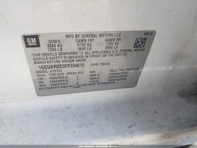 45009799 :رقم المزاد ، 1GCUKREC0FF204810 vin ، 2015 Chevrolet Silverado 1500 2lt مزاد بيع