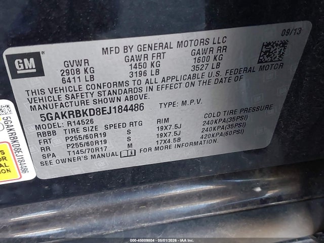 2014 Buick Enclave Leather მანქანა იყიდება აუქციონზე, vin: 5GAKRBKD8EJ184486, აუქციონის ნომერი: 45009804