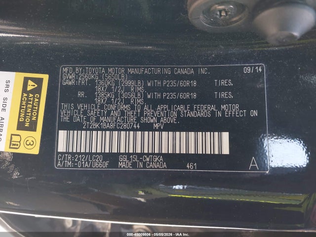 45009806 :رقم المزاد ، 2T2BK1BA8FC280744 vin ، 2015 Lexus Rx 350 مزاد بيع