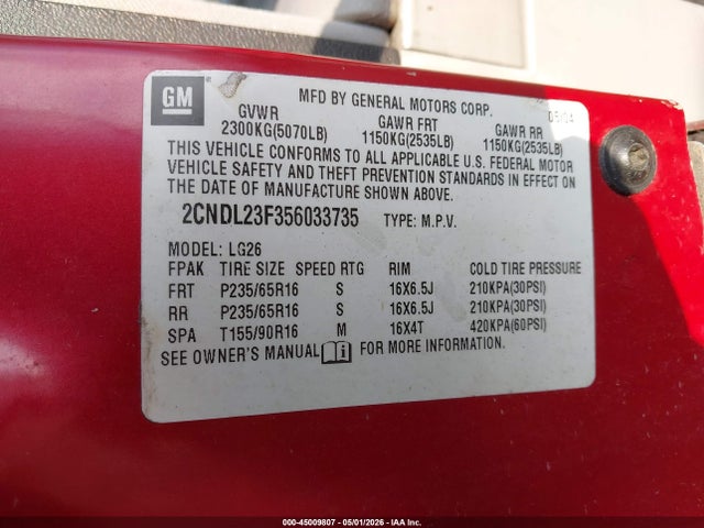 Aukcja sprzedaży 2005 Chevrolet Equinox Ls, vin: 2CNDL23F356033735, numer aukcji: 45009807