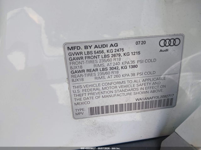 2020 Audi Q5 Premium 45 Tfsi Quattro S Tronic მანქანა იყიდება აუქციონზე, vin: WA1ANAFY3L2092717, აუქციონის ნომერი: 45009827