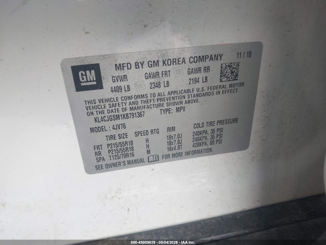 45009829 :رقم المزاد ، KL4CJGSM1KB791367 vin ، 2019 Buick Encore Awd Essence مزاد بيع