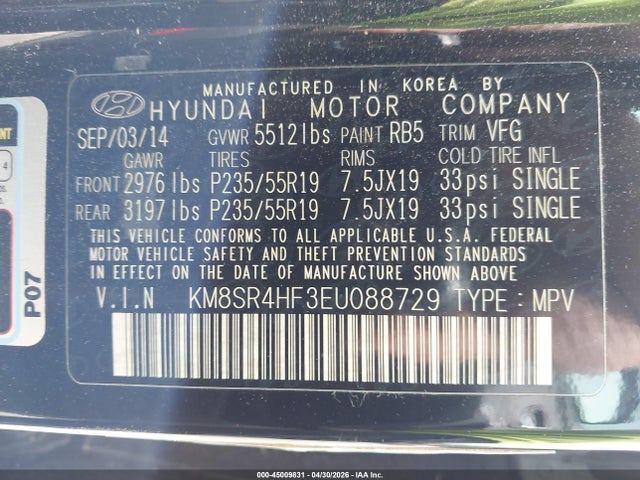 45009831 :رقم المزاد ، KM8SR4HF3EU088729 vin ، 2014 Hyundai Santa Fe Limited مزاد بيع