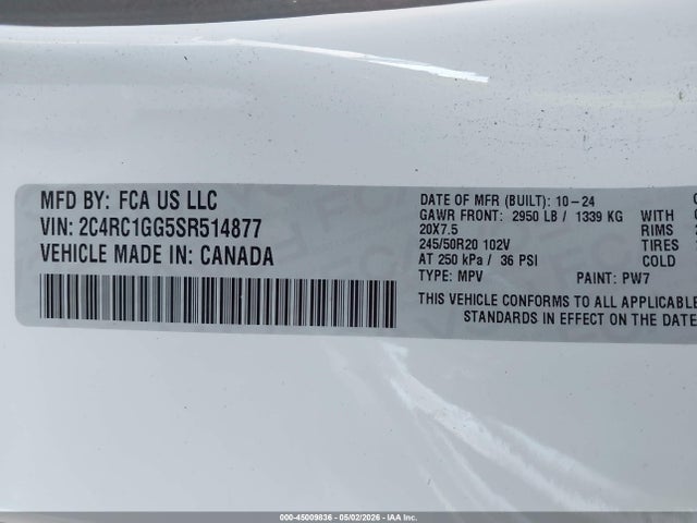 2025 Chrysler Pacifica Limited მანქანა იყიდება აუქციონზე, vin: 2C4RC1GG5SR514877, აუქციონის ნომერი: 45009836