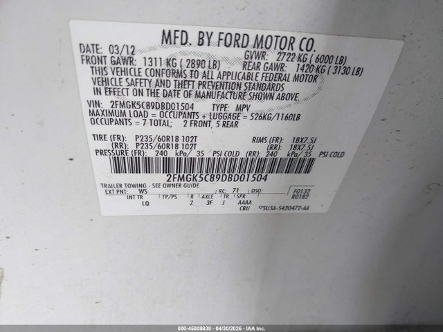Продажа на аукционе авто 2013 Ford Flex Sel, vin: 2FMGK5C89DBD01504, номер лота: 45009838