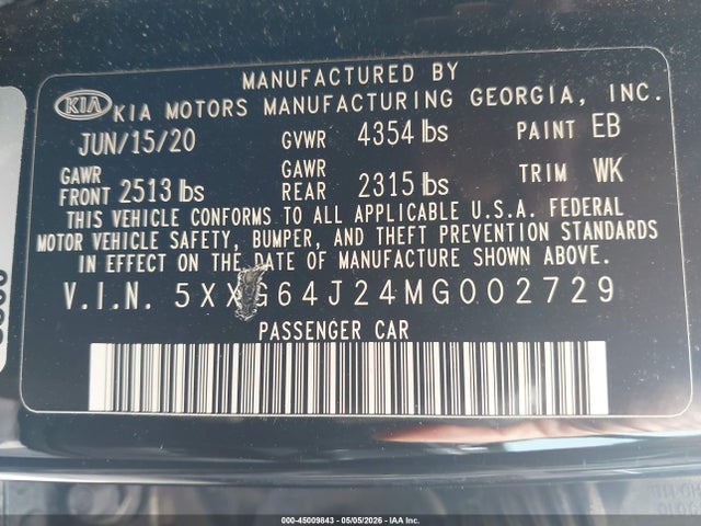 45009843 :رقم المزاد ، 5XXG64J24MG002729 vin ، 2021 Kia K5 Gt-line مزاد بيع