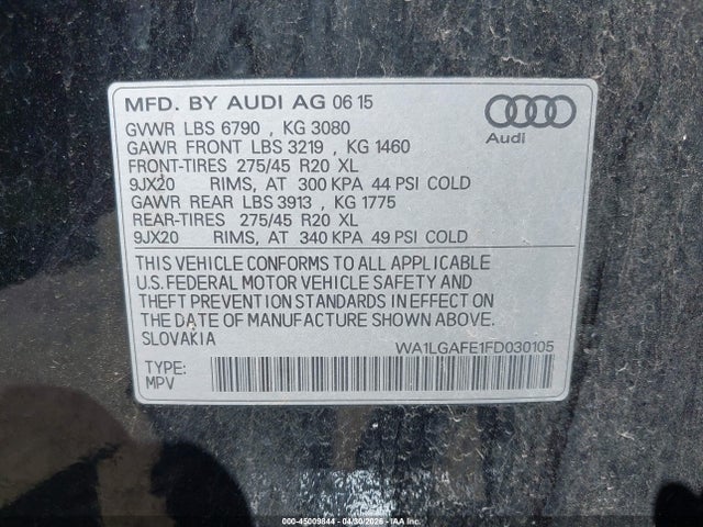 45009844 :رقم المزاد ، WA1LGAFE1FD030105 vin ، 2015 Audi Q7 3.0t Premium مزاد بيع