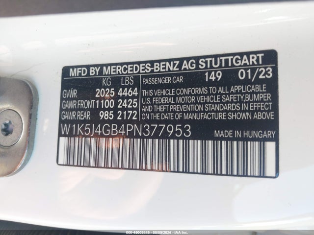 Aukcja sprzedaży 2023 Mercedes-benz Cla 250 Coupe, vin: W1K5J4GB4PN377953, numer aukcji: 45009849