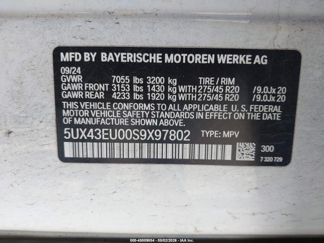 45009854 :رقم المزاد ، 5UX43EU00S9X97802 vin ، 2025 Bmw X5 Phev Xdrive50e مزاد بيع