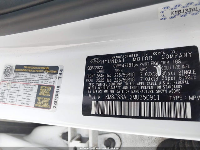 Aukcja sprzedaży 2021 Hyundai Tucson Sel, vin: KM8J33AL2MU350911, numer aukcji: 45009862