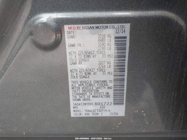 2015 Nissan Rogue S/sl/sv მანქანა იყიდება აუქციონზე, vin: 5N1AT2MT0FC801722, აუქციონის ნომერი: 45009864