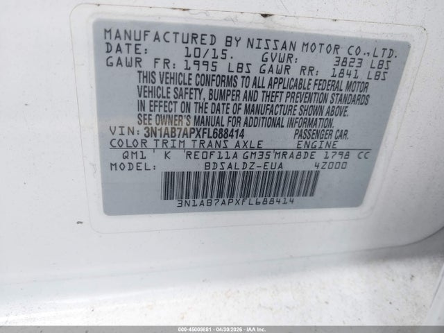 Aukcja sprzedaży 2015 Nissan Sentra Sv, vin: 3N1AB7APXFL688414, numer aukcji: 45009881