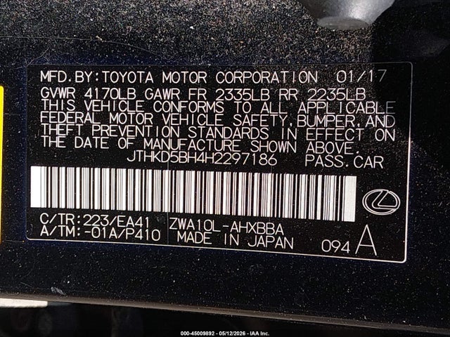 Aukcja sprzedaży 2017 Lexus Ct 200h, vin: JTHKD5BH4H2297186, numer aukcji: 45009892