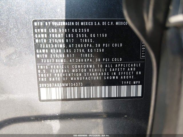 45009895 :رقم المزاد ، 3VV3B7AX5MM134373 vin ، 2021 Volkswagen Tiguan مزاد بيع