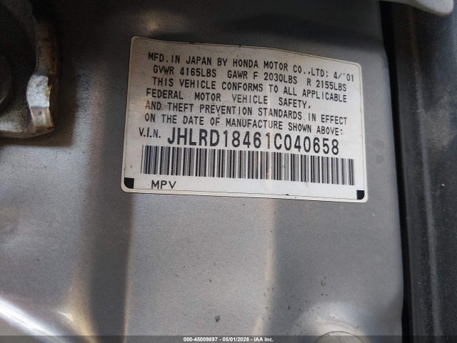 2001 Honda Cr-v Lx მანქანა იყიდება აუქციონზე, vin: JHLRD18461C040658, აუქციონის ნომერი: 45009897