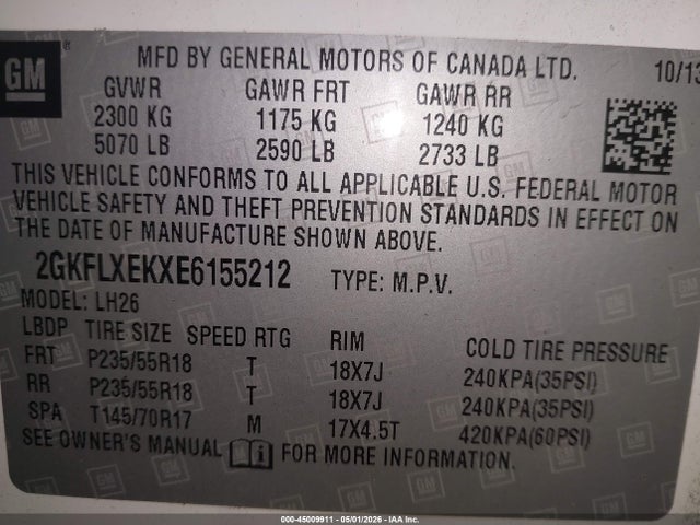 45009911 :رقم المزاد ، 2GKFLXEKXE6155212 vin ، 2014 Gmc Terrain Slt-1 مزاد بيع