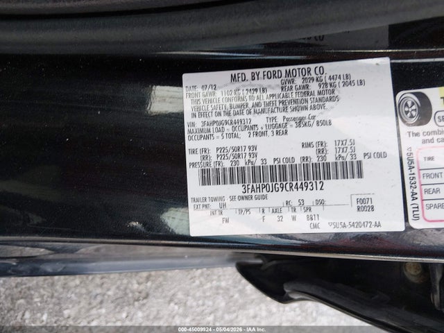 2012 Ford Fusion Sel მანქანა იყიდება აუქციონზე, vin: 3FAHP0JG9CR449312, აუქციონის ნომერი: 45009924