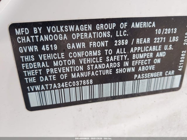 2014 Volkswagen Passat 1.8t Wolfsburg Edition მანქანა იყიდება აუქციონზე, vin: 1VWAT7A34EC037858, აუქციონის ნომერი: 45009935