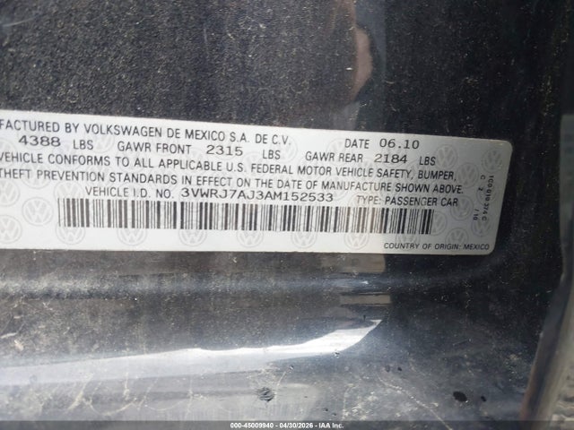 Aukcja sprzedaży 2010 Volkswagen Jetta Wolfsburg Edition, vin: 3VWRJ7AJ3AM152533, numer aukcji: 45009940