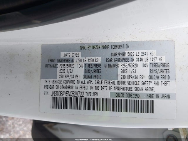 45009947 :رقم المزاد ، JM3TCBAY5N0628722 vin ، 2022 Mazda Cx-9 Touring Plus مزاد بيع