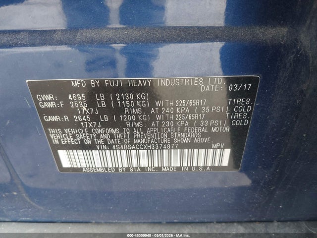 45009948 :رقم المزاد ، 4S4BSACCXH3374877 vin ، 2017 Subaru Outback 2.5i Premium مزاد بيع