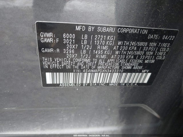 4S4WMAPDXN3433310 Subaru Ascent Limited