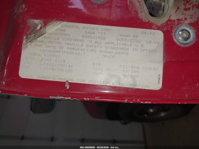 Aukcja sprzedaży 1993 Chevrolet Gmt-400 K2500, vin: 1GCGK24FXPE204417, numer aukcji: 45009959