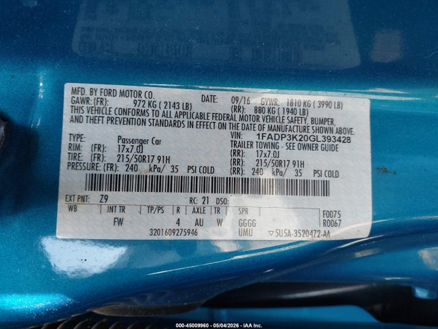 Aukcja sprzedaży 2016 Ford Focus Se, vin: 1FADP3K20GL393428, numer aukcji: 45009960