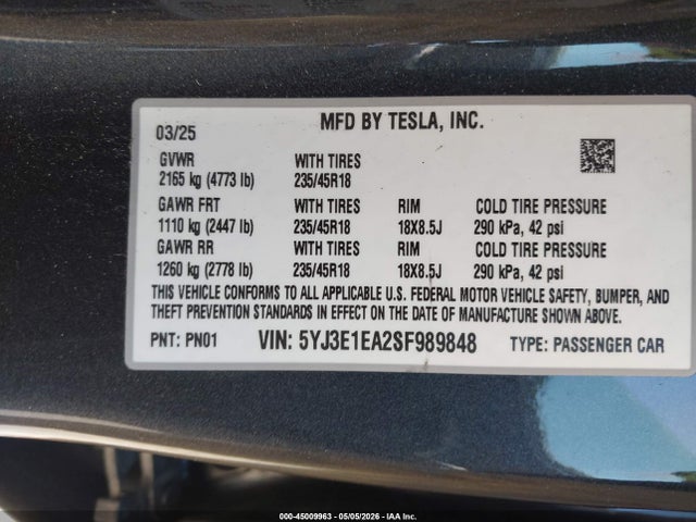 Продажа на аукционе авто 2025 Tesla Model 3, vin: 5YJ3E1EA2SF989848, номер лота: 45009963