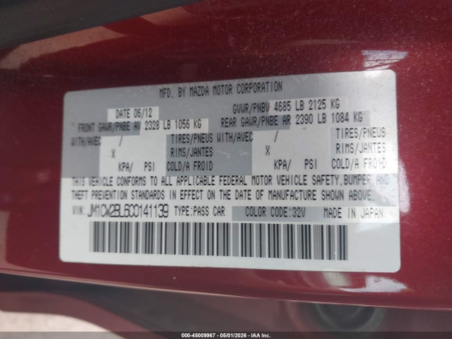 Продаж на аукціоні авто 2012 Mazda Mazda5 Sport, vin: JM1CW2BL6C0141139, номер лоту: 45009967