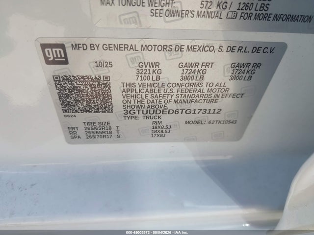 Продаж на аукціоні авто 2026 Gmc Sierra 1500 , Short Bed, Slt, 4wd, vin: 3GTUUDED6TG173112, номер лоту: 45009972