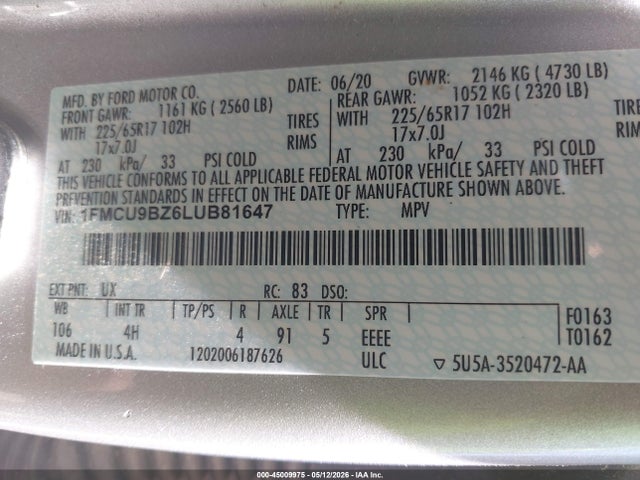 1FMCU9BZ6LUB81647 Ford Escape Se Sport Hybrid