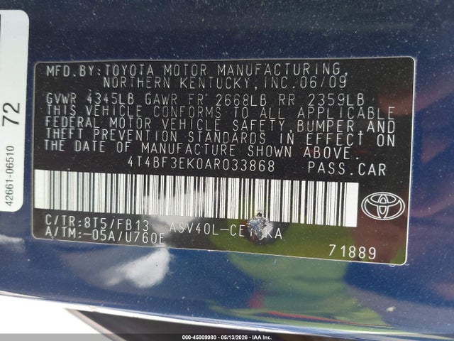 2010 Toyota Camry Le მანქანა იყიდება აუქციონზე, vin: 4T4BF3EK0AR033868, აუქციონის ნომერი: 45009980