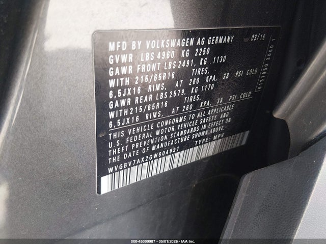 Продаж на аукціоні авто 2016 Volkswagen Tiguan S, vin: WVGBV7AX2GW604991, номер лоту: 45009987