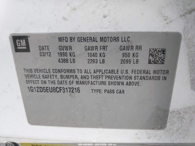 2012 Chevrolet Malibu 2lt მანქანა იყიდება აუქციონზე, vin: 1G1ZD5EU8CF317216, აუქციონის ნომერი: 45009993