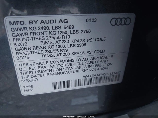 Aukcja sprzedaży 2023 Audi Q5 Premium Plus 45 Tfsi S Line Quattro, vin: WA1EAAFY0P2132447, numer aukcji: 45010004