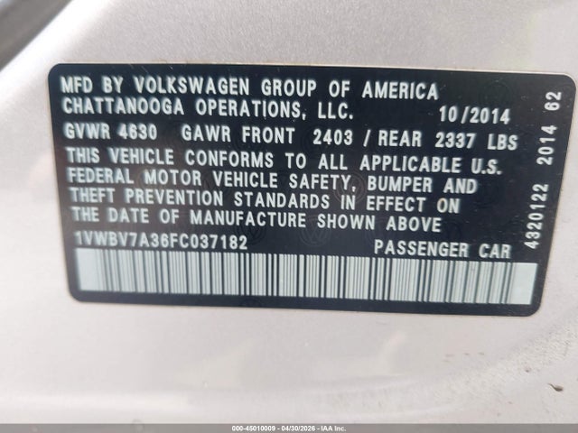 45010009 :رقم المزاد ، 1VWBV7A36FC037182 vin ، 2015 Volkswagen Passat 2.0l Tdi Se مزاد بيع
