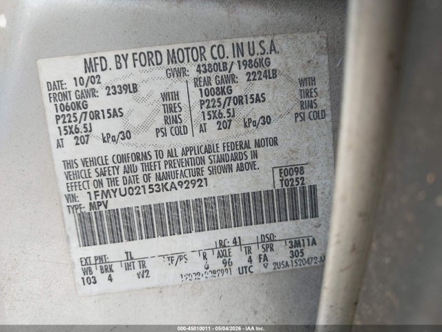 Aukcja sprzedaży 2003 Ford Escape Xls, vin: 1FMYU02153KA92921, numer aukcji: 45010011