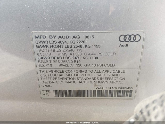 Продажа на аукционе авто 2016 Audi Q3 2.0t Premium Plus, vin: WA1EFCFS1GR003455, номер лота: 45010013
