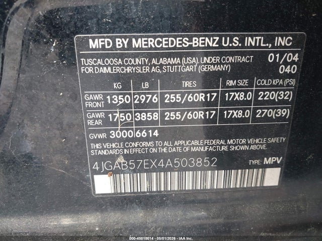 Aukcja sprzedaży 2004 Mercedes-benz Ml 350 4matic, vin: 4JGAB57EX4A503852, numer aukcji: 45010014